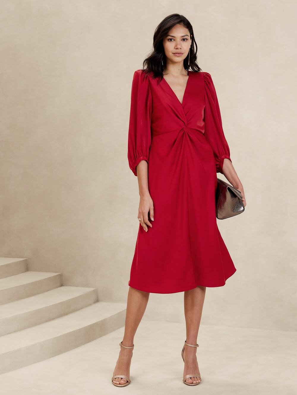 Banana Republic NWT Twist Front 3/4 Puff Sleeve Midi Dress Size 8 Red Chakra